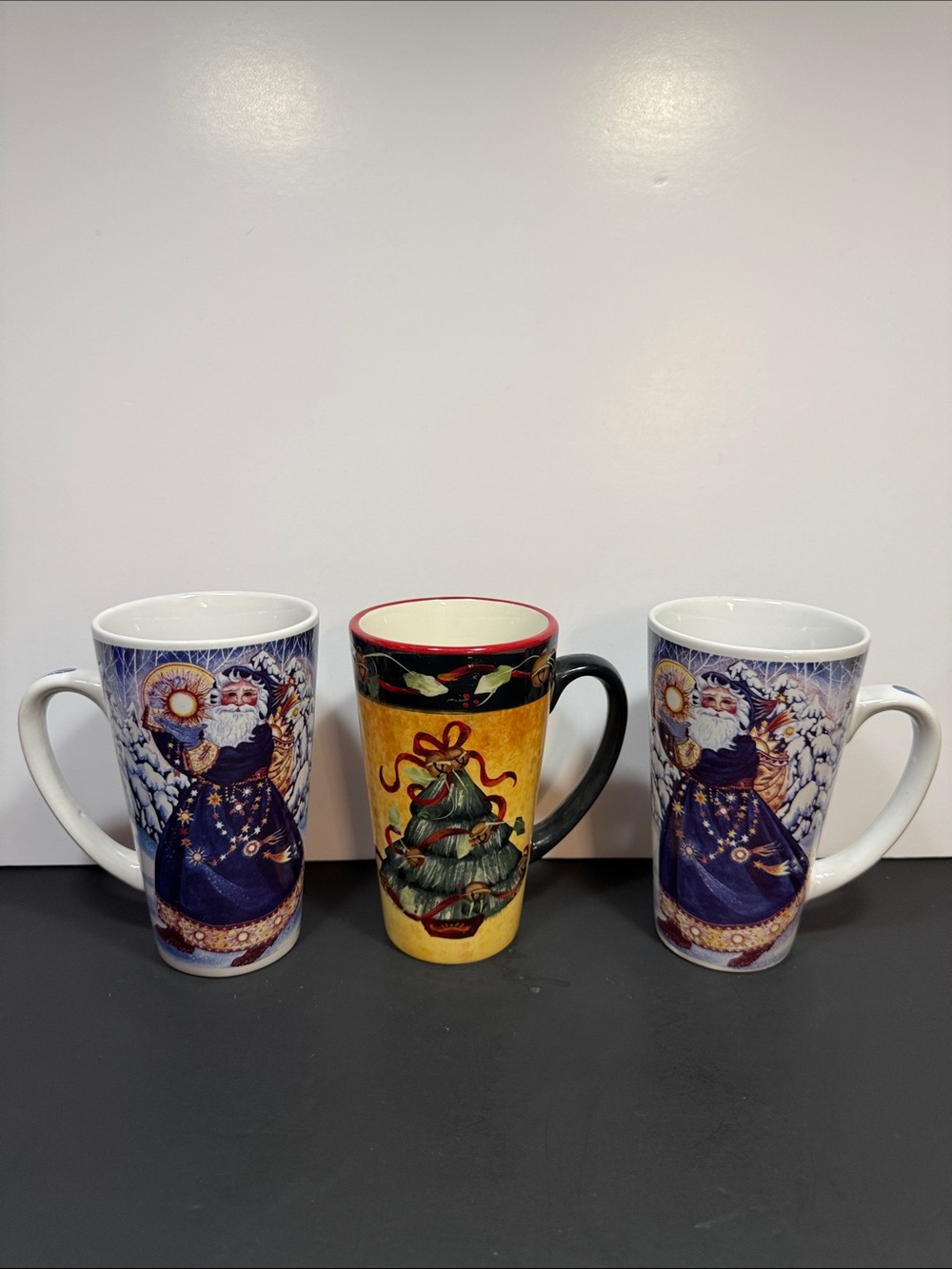 Vintage NOS Holiday Santa & Christmas Tree Ceramic Mug Set - White and Yellow